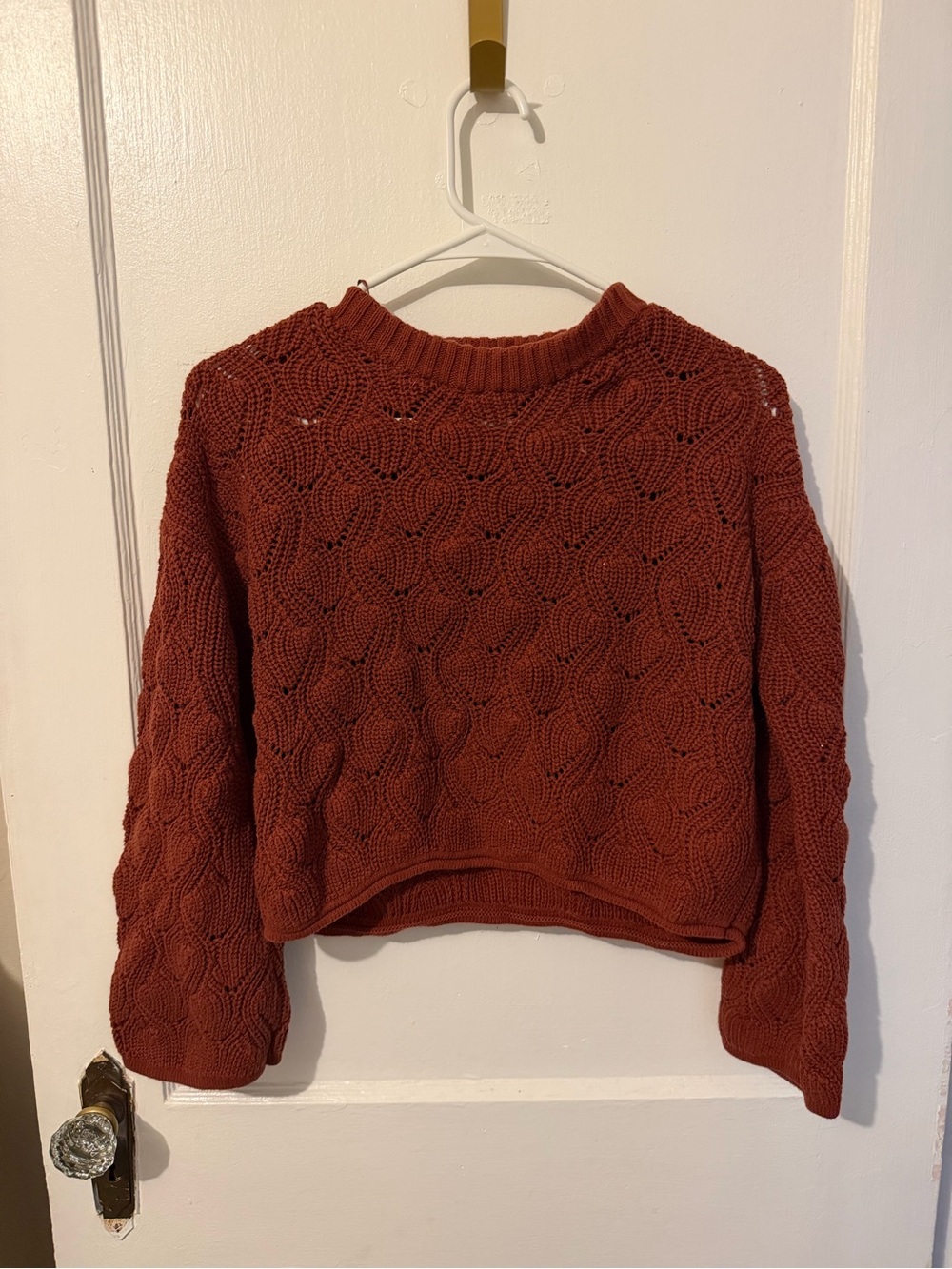 moon & madison Rust Cable-Knit Cropped Crewneck Sweater